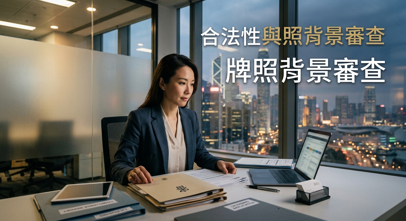 一張專業商務人士在辦公室審查合規文件的場景，呈現嚴謹的企業審查氛圍。 右上角標註著清晰的文字標題：「合法性與牌照背景審查」。